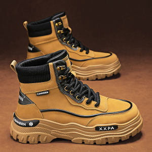 Mens Martin Boots Winter High Top Thick Bottom Heightening Workwear Yellow Boots Leather Upper Youth Trend Low Heel Rubber Sole