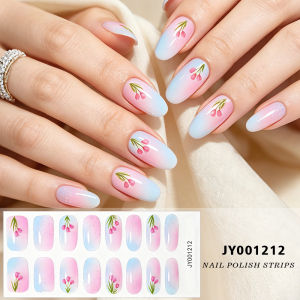 16Tips/Sheet Pink Blue Gradient Tulip Nail Polish Strips Long Oval Self Adhesive Semi-Cured Nails Stickers UV LED Manicure Wraps
