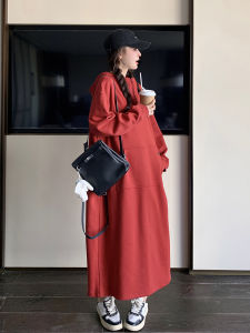 Red College Style Hoodie Dress Womens Loose Slimming Long Skirt Autumn New Arrival Small Size Casual Comfortable Dress