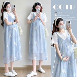 Đầm Thai Kỳ Mùa Hè Phong Cách Hàn Quốc Áo Thun Ghép Chiffon Có Thêu