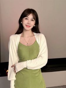 White Knitted Fabric Sun Protection Cardigan Womens Summer Thin Blouse Sling Dress Outer Shawl Small Waistcoat Ice Silk Coat