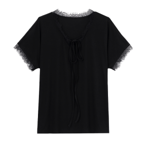 Lace Panel Black V-Neck Flattering T-shirt