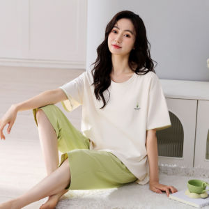 miiow | Pure Cotton Womens Sleepwear Short Sleeve Round Neck Home Clothes Set With Chest Pad Seven Pants Pink Two-Piece Summer Suit