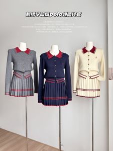 Meat Ree Pony Embroider Preppy Style Sweater Suit Female Fall and Winter Polo Collar Knitwear Pleated Skirt Two-piece Set