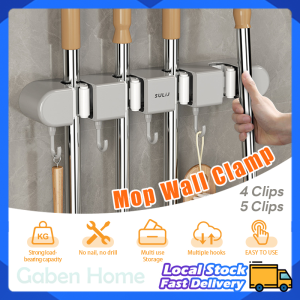 Wall Mounted Mop Holder Broom Organizer Hooks Bathroom Free-Punching Shelf Rack Velcro Clips Wall Mop Bracket 拖把支架