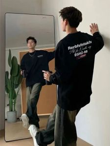 Black Long Sleeve Pure Cotton round Neck Loose Fit American Retro Casual T-Shirt for Men Breathable Comfortable Fashionable Streetwear