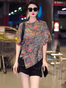 2025 New round Neck Short Sleeve Printed Shirt Summer Irregular Design Fashionable Unique Top Womens Loose Fit Premium Quality