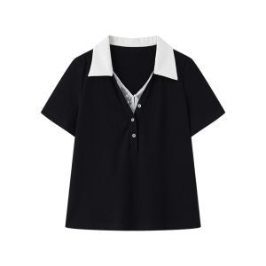 Cotton Lace Patchwork Polo Collar Short Sleeve Tshirt