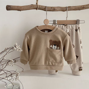 2Pcs/set Autumn New Baby Clothing Infant Suits Cute Bear Towel Embroidery Top+Cartoon Bear Full Print Pants Newborn Boys Girls