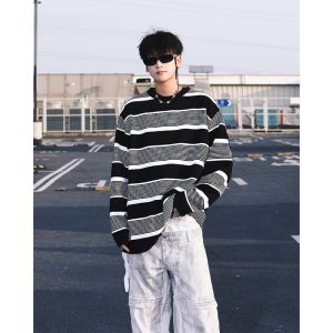 HetingHOME | Áo thun nam dài tay kẻ sọc cỡ lớn thời trang thu đông thường ngày cổ tròn tay dài hét home đồng phục cặp đôi