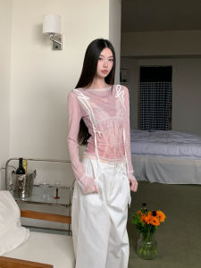 Tall Lace Mesh Necklace Full Print Color Clash Tie Thin Sun Protection Skinwear over Clothes T-shirt Polyester Long Sleeve round Neck