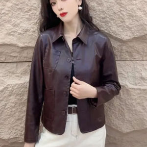 เสื้อแจ็คเก็ตผู้หญิง PU หนัง ทรงเข้ารูป แขนยาว ปกโปโล ทรงสั้น เสื้อคลุมกันหนาว แฟชั่นฤดูใบไม้ผลิ 2025