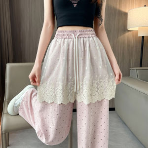 YIMEI กางเกงลำลองขาตรงลายจุดลูกไม้เกาหลีบางฤดูร้อนหวานสไตล์ป่าอเนกประสงค์แขวนกางเกงขาม้าหลวมสำหรับผู้หญิง