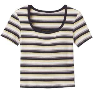 เสื้อยืดคอกลมแขนสั้นผู้หญิง ทรงสลิมฟิต ลายทางสีบล็อก ผ้าถัก ฤดูร้อน 2025 เสื้อผ้าทำงานสไตล์สาวๆ ลำลอง