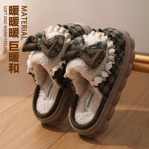 Thick Bottom Cotton Slippers Womens Winter New Butterfly Knot Cute Fleece Indoor Home Anti-slip Cotton Slippers Ladies