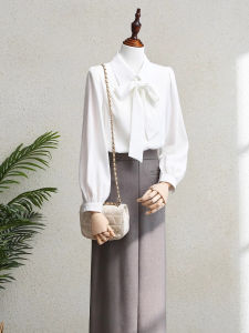 Professional White Chiffon Shirt for Women with Butterfly Knot Belt Spring Autumn New Style Elegant Design Unique Top