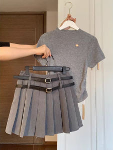 Summer Fashion Street Style Slim Fit Grey T-Shirt Short Skirt Two Piece Set Korean Drama Inspired Hot Girl Outfit Cotton Blend