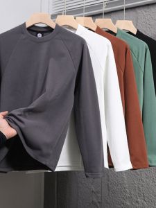 Mens Close-Fitting Double-Sided Fleece Thermal T-Shirt Pure Color Long Sleeve round Neck Fashion Urban Style Youth Casual Wear