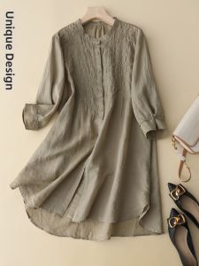 Casual Cotton Linen Mid-Length Shirt Womens Solid Color Embroidered Loose Top Breathable Summer Fashion Button-Up Shirt