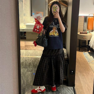 American Retro Plaid Lace Split Mid Length Long Length Skirt Womens Spring & Fall Elastic Waistband Slimming A- line Large Hem Umbrella Skirt