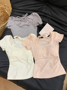 Pure Desire Short Sleeve T-Shirt Womens Spicy Slim Fit Fake Two-Piece Hanging Neck Belted with Chest Pad Waist-Cinching Top