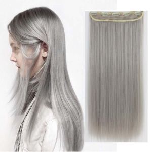 Clip in One Piece Wavy Synthetic Hair Extension Long Straight Synthetic Black Gray Color GreyHairpieces