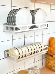 LOADNIX No Drill Stainless Steel Dish Drainer Rack Wall Mount Kitchen Plate Bowl Organizer with Removable Water Tray for Small Kitchen