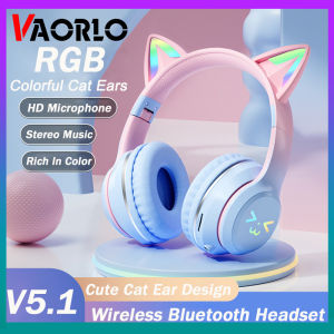 VAORLO Original Wireless Headphones RGB Cute Cat Girls Kids Gift Headset With Microphone Stereo Music Gaming Headsets Control lights Earphone