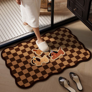 Vintage Brown Checked Diatomaceous Clay Bathroom Carpet Non-slip Water Absorbent