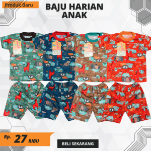 3stel baju anak anti luntur full printing gaffykids baju lengan pendek celana pendek 1-6 tahun