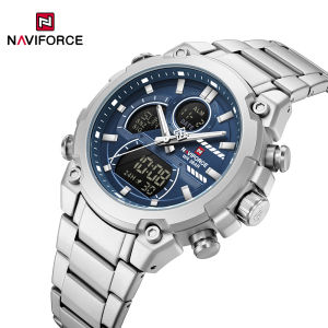 NAVIFORCE Original Mens Quartz Watch Dual Time Watch Calendar Date LCD Display Luminous Pointer Stainless Steel Strap 30m Waterproof Mens Casual Fashion Multifunctional Watches NF9278