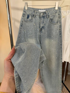 Retro Heavy Duty Rhinestone Washed High Waist Jeans Womens Early Spring New Small Size Slim Wide Leg Straight Cut Pants