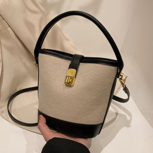 Trendy Canvas Bucket Bag Womens Shoulder Handbag Korean Style Versatile Crossbody Soft PU Leather Zipper Closure Casual Purse