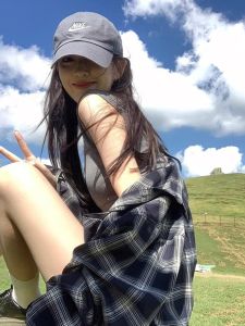 Retro American Blue Plaid Womens Spring Summer Thin Linen Shirt Lazy Style Outerwear Cardigan Sun Protection Coat