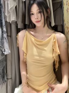 YUEZHONGWEI | Off-shoulder French Design Peplum Yellow T-shirt Sleeveless Slim Fit