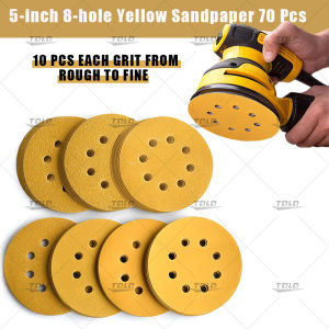 70 Pcs/1 Set Yellow Sandpaper Assorted Grits 5Inch 8 Holes Grinding Disc Abrasive Tools Hook Loop Sandpaper Loop Sanding Disc