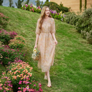XIANGYING | Đầm Maxi In Hoa Tay Bồng Dáng Rộng Phù Hợp Đi Du Lịch Tô Đẹp Vòng eo