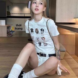 Áo Thun Cotton Tay Ngắn Màu Trắng Cổ Tròn Thường Ngày Mùa Hè Cho Nữ Áo Thun Ôm Vừa Vặn Gợi Cảm Cơ Bản Phong Cách Ngọt Ngào Và Cay Nồng