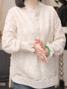 New Chinese Style Floral Lace Shirt Womens Loose Long Sleeve Stand Collar Spring Fashion Top Trendy Commute Korean Version