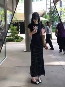 La Chapelle | Black Polka Dot Chiffon Two Piece Set Thin Round Neck T-Shirt Skirt