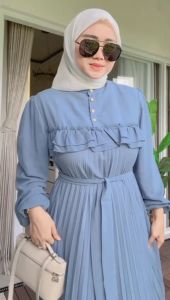 Gamis Ceruty Babydoll Polos Plisket 2024 Seiba Maxy Full furing Busui Kancing LD 110 PJ 140cm Halus Adem