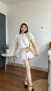 Váy Trắng Bí Tơ Mềm Công Chúa Cúc Ngọc Tay Phồng Dễ Thương - Đầm Babydoll Form Xòe Dáng Ngắn Kèm Quần Trong