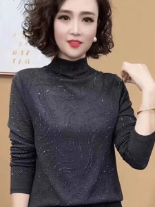 Elegant Sparkle Half High Collar T-Shirt Fall Season