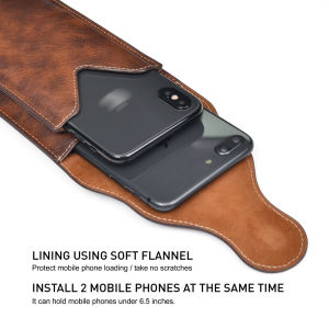 Universal 6.5 inches Dual Phone Pouch with Belt Loop Waist Bag Leather Handphone Holster Carabiner Hook