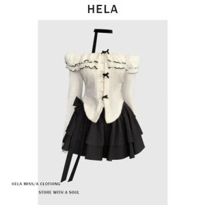 Hela Plus Size Ladies Pure Desire Style off-Shoulder Long Sleeves Contrast Color Tops Female Early Autumn 2024 Bows A- line Skirt Suit