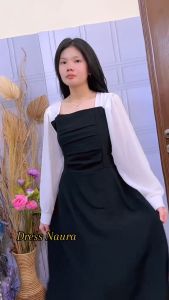 BestStore  -  Naura Dress Maksi Formal Kombinasi 2 Bahan Cocok Untuk Acara Formal / Dress korean hitam putih / dress polos