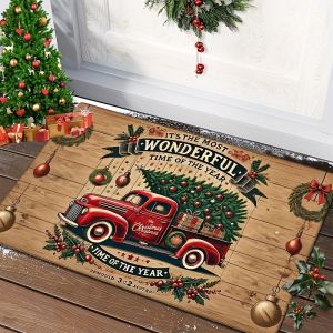 VIKAMA Vintage Red Christmas Truck Doormat Non Slip Entrance Floor Mat Xmas Tree Holly Front Door Holiday Home Decor Rug