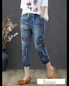 Quần jean nữ lưng thun kiểu nhật quần nữ baggy thêu GLQ125 Cuocsongvang