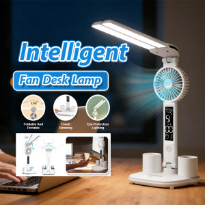 Rechargeable Table Lamp with Fan 2 Heads for Study Desk Lamp LED Table Light with Fan LED Clock Dispaly Reading Lamp with Pen Holder 180° Rotate Stepless Dimming 3 Light Color