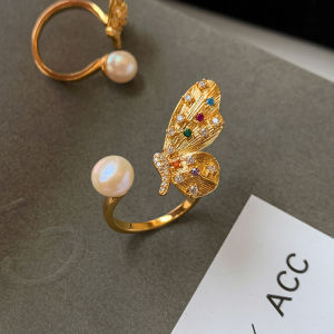 CAFFTI | Freshwater Pearl Rainbow Diamond Drawn Butterfly Open Ring Female Luxury Niche Design